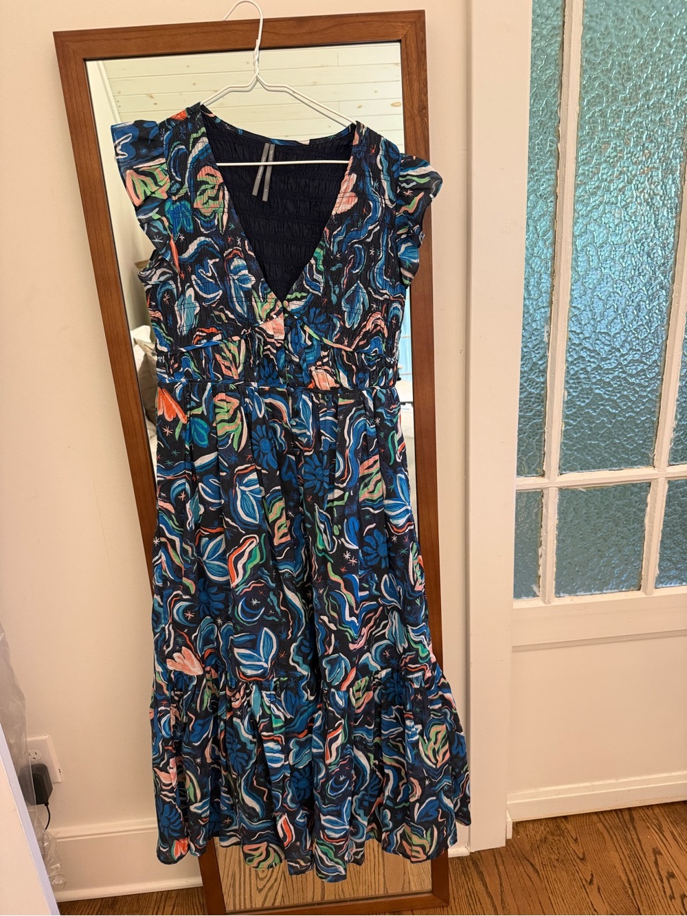 Anthropologie Navy Floral V-Neck Maxi Dress